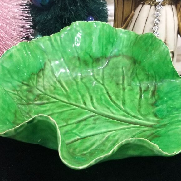9" Antique Green Lettuceware Cabbage Leaf Majolica Bowl Paste Italy Napoli - Picture 7 of 8